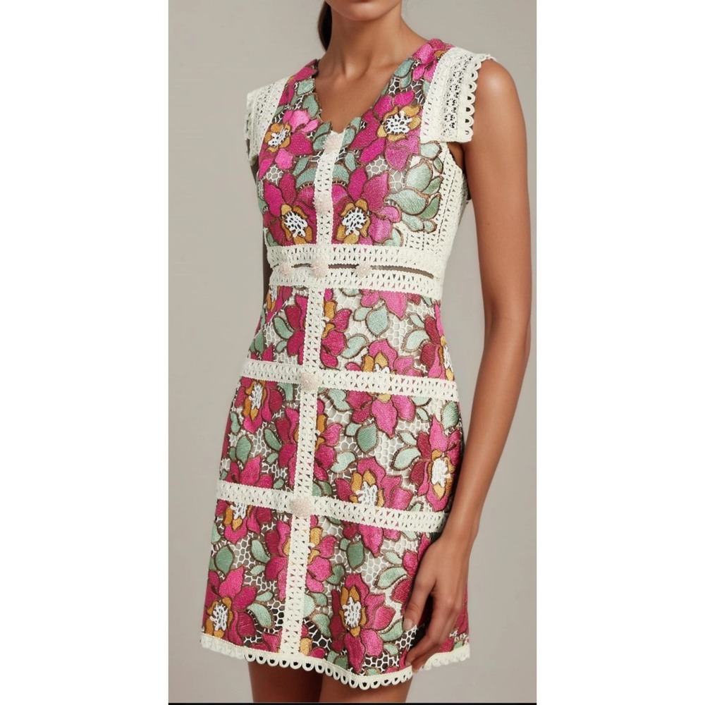 Nalini Floral Lace Midi Dress Pink Green Embroidered Cap Sleeve Crochet Sz XS